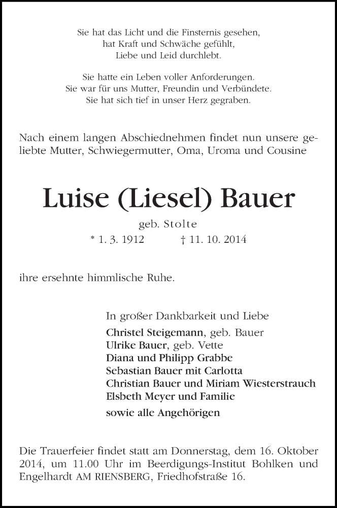 Traueranzeige von Luise (Liesel) Bauer von WESER-KURIER