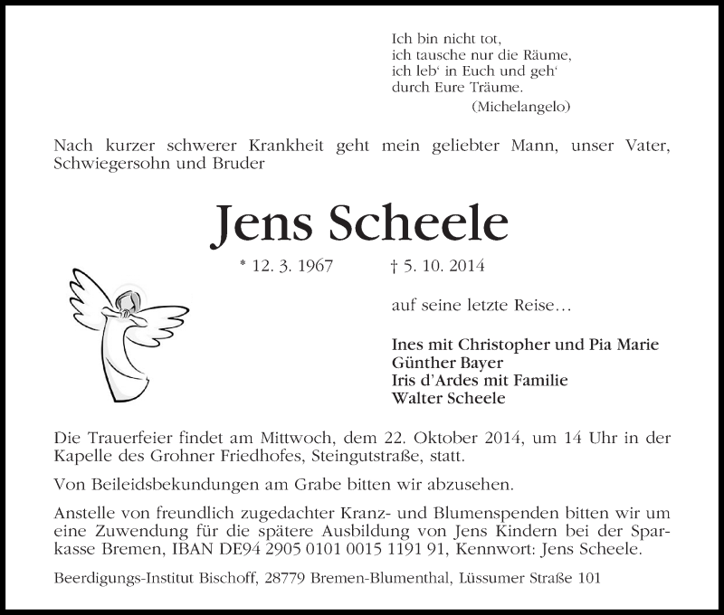Traueranzeige von Jens Scheele von Die Norddeutsche