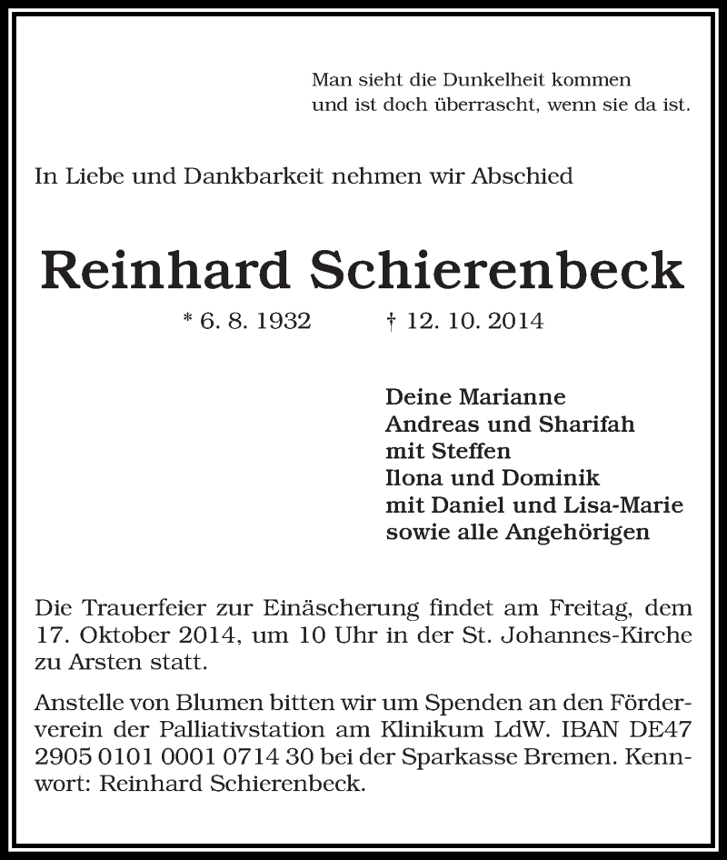 Traueranzeige von Reinhard Schierenbeck von WESER-KURIER