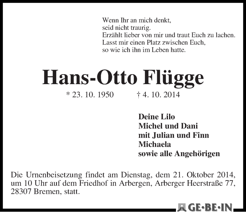 Traueranzeige von Hans-Otto Flügge von WESER-KURIER