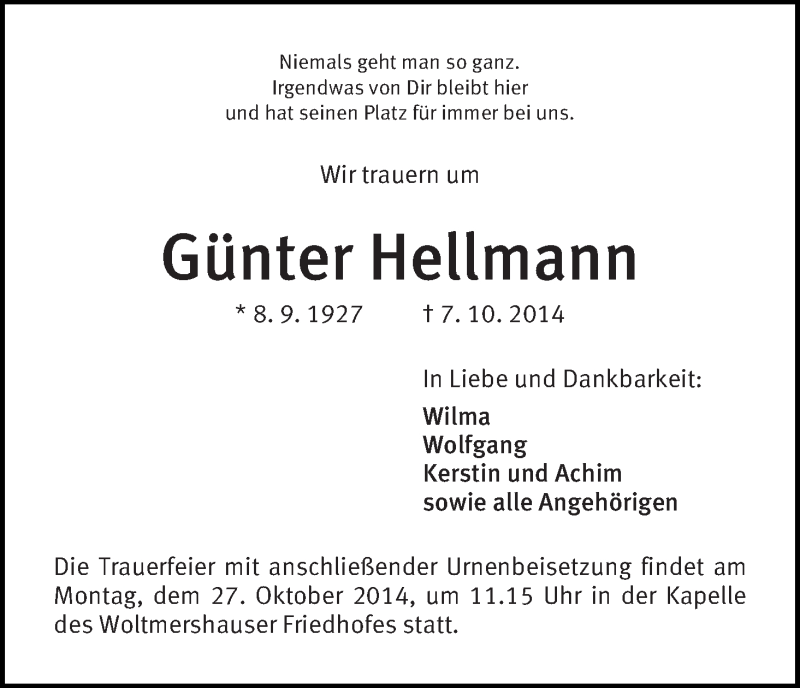 Traueranzeige von Günter Hellmann von WESER-KURIER
