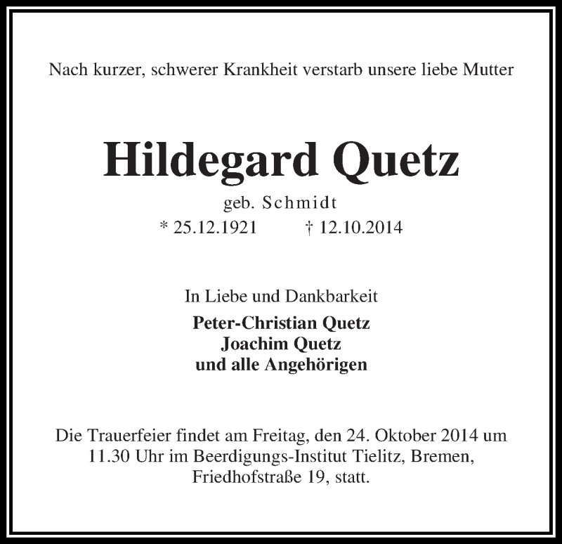 Traueranzeige von Hildegard Quetz von WESER-KURIER