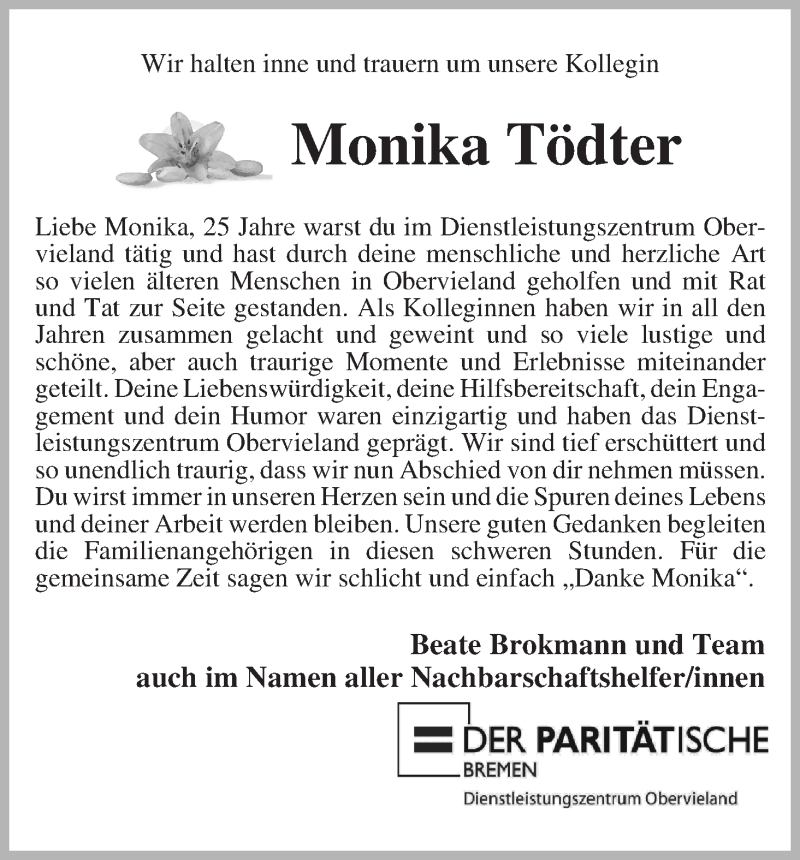 Traueranzeige von Monika Tödter von WESER-KURIER