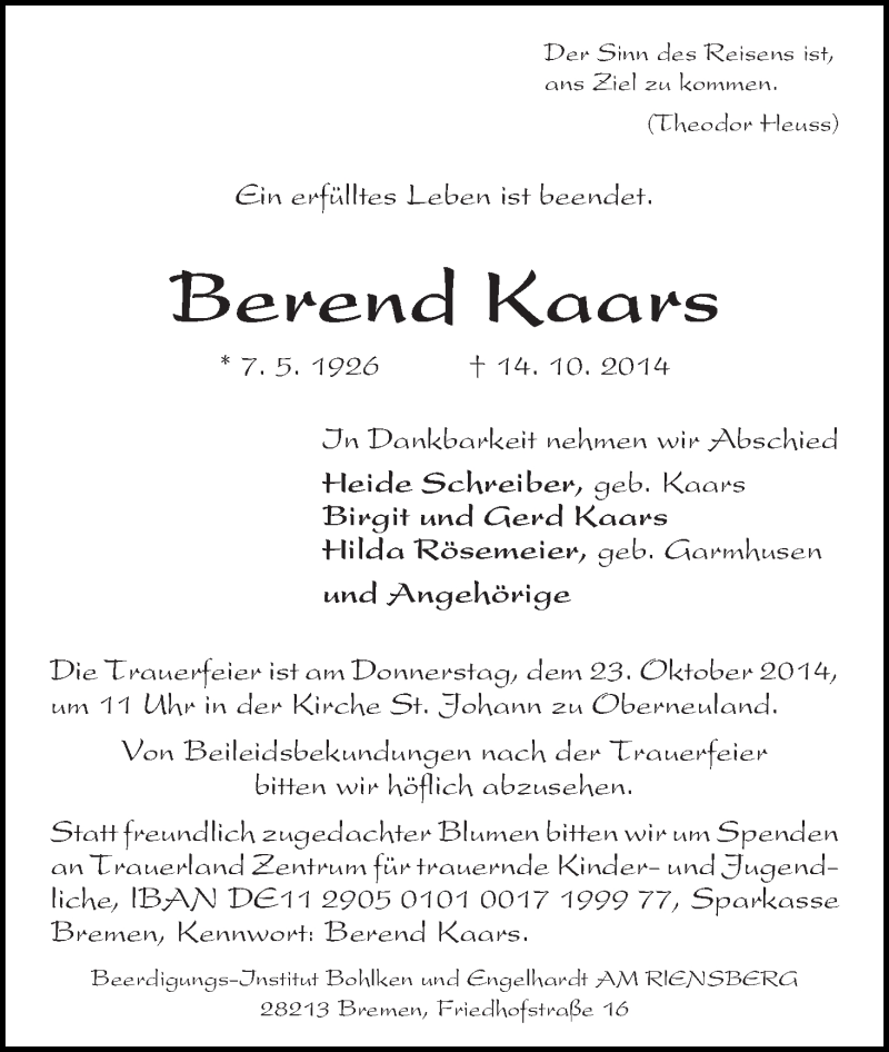 Traueranzeige von Berend Kaars von WESER-KURIER