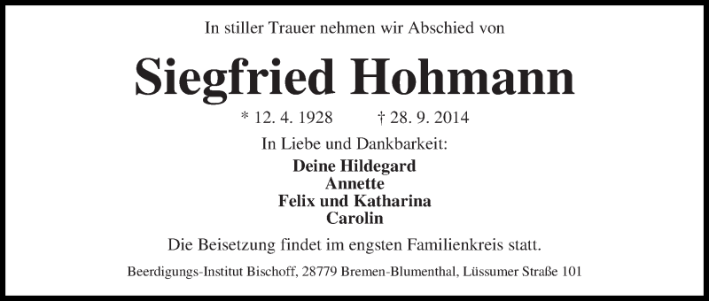Traueranzeige von Siegfried Hohmann von Die Norddeutsche