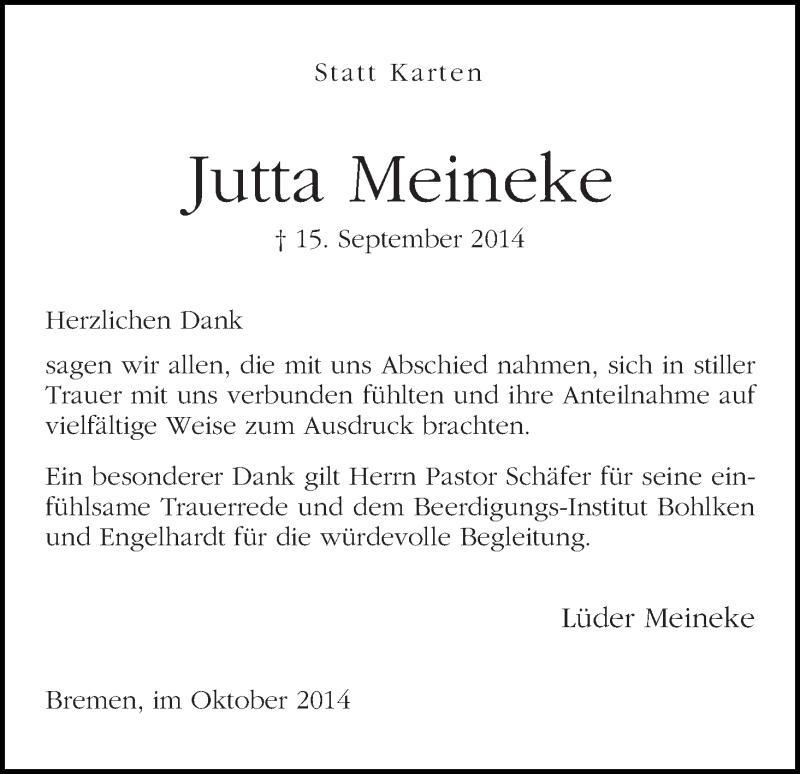 Traueranzeige von Jutta Meineke von WESER-KURIER