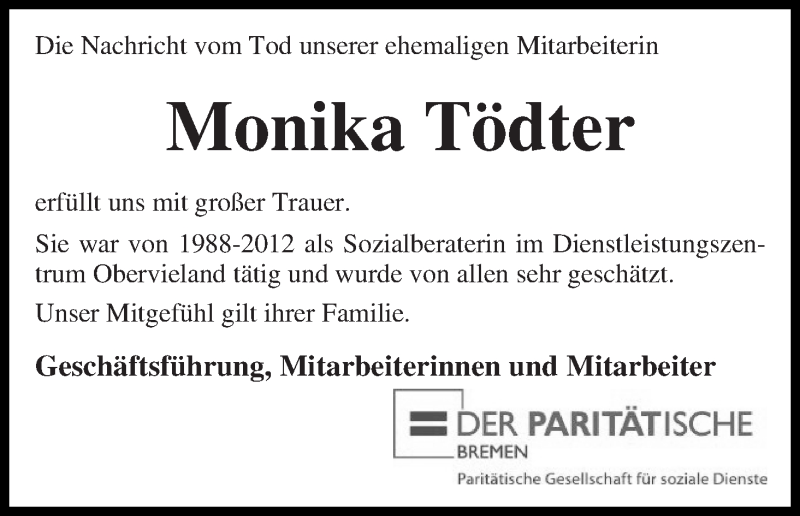 Traueranzeige von Monika Tödter von WESER-KURIER