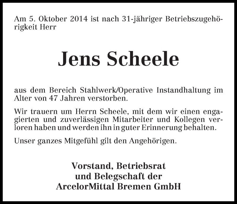 Traueranzeige von Jens Scheele von WESER-KURIER