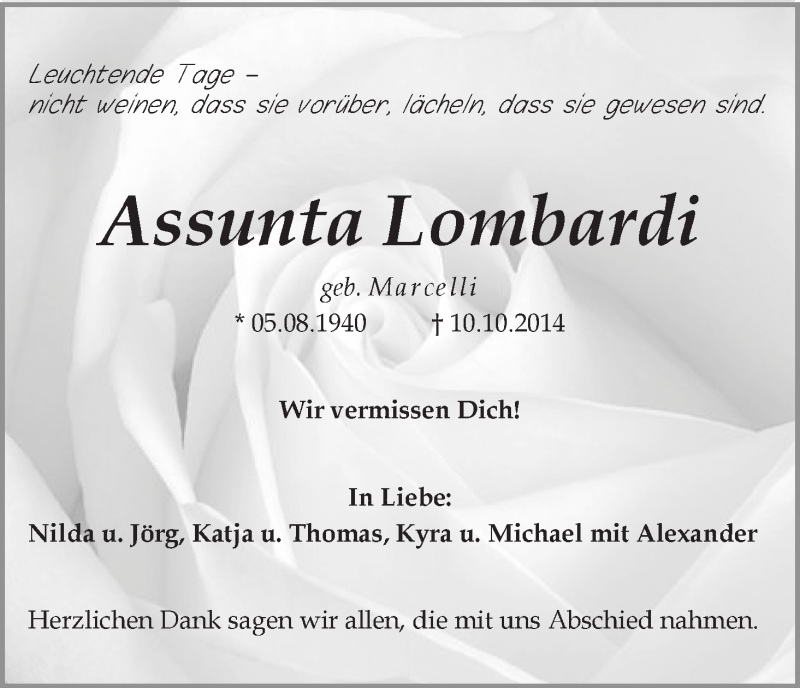 Traueranzeige von Assunta Lombardi von Die Norddeutsche