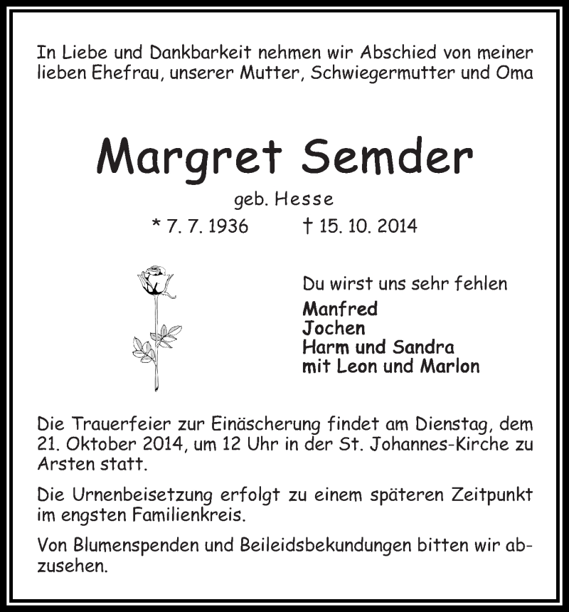 Traueranzeige von Margret Semder von WESER-KURIER