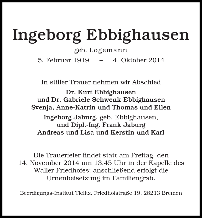 Traueranzeige von Ingeborg Ebbighausen von WESER-KURIER