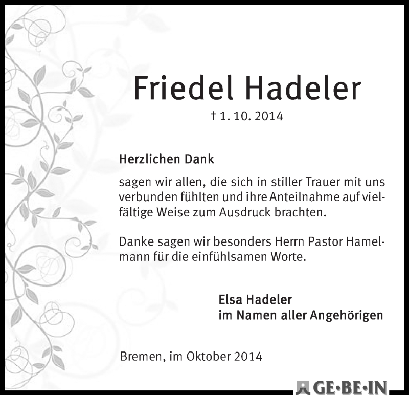 Traueranzeige von Friedel Hadeler von WESER-KURIER