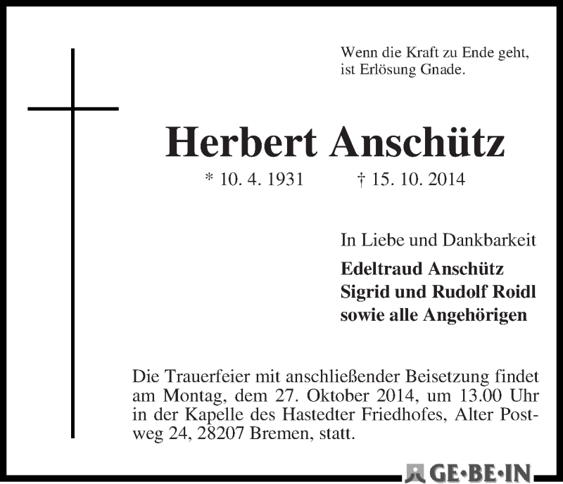 Traueranzeige von Herbert Anschütz von WESER-KURIER