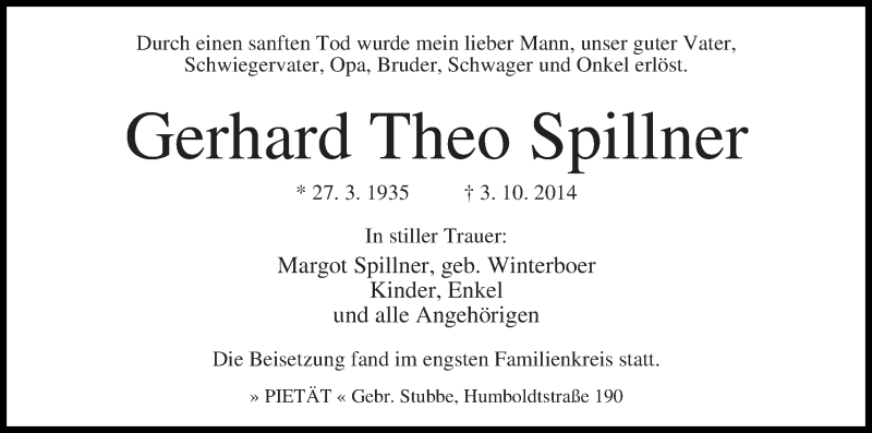 Traueranzeige von Gerhard Theo Spillner von WESER-KURIER