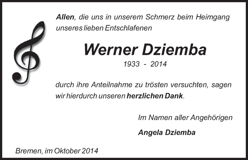 Traueranzeige von Werner Dziemba von WESER-KURIER