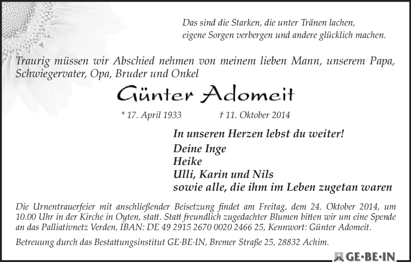 Traueranzeige von Günter Adomeit von WESER-KURIER