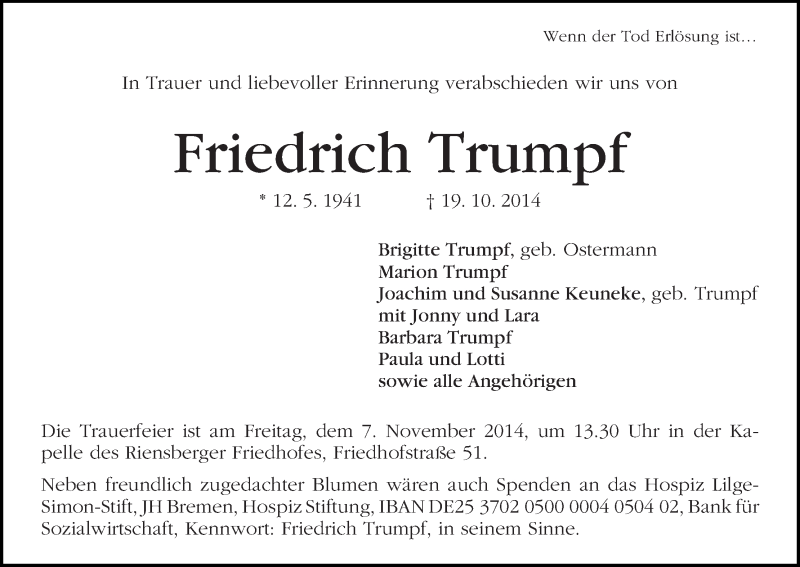 Traueranzeige von Friedrich Trumpf von WESER-KURIER