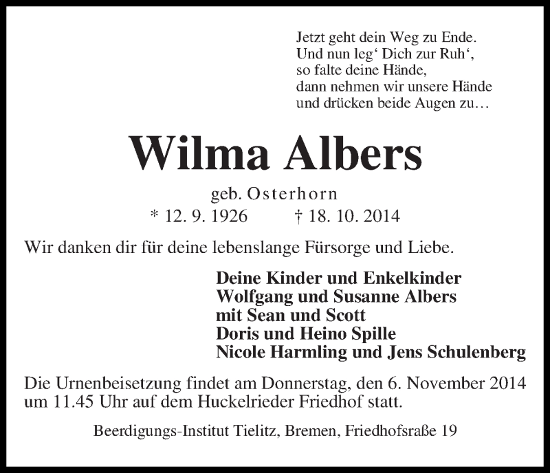Traueranzeige von Wilma Albers von WESER-KURIER