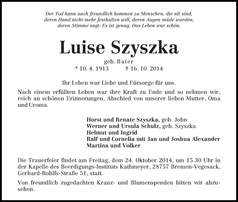 Traueranzeige von Luise Szyszka von Die Norddeutsche