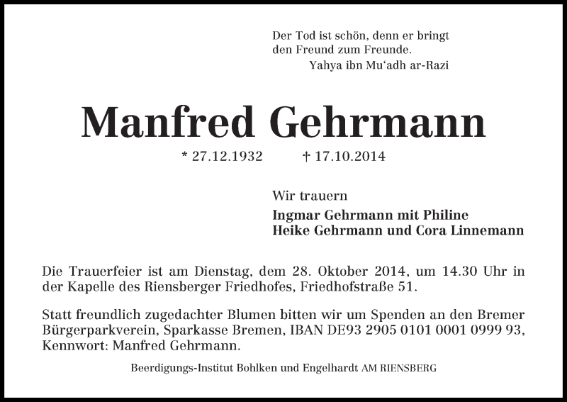Traueranzeige von Manfred Gehrmann von WESER-KURIER