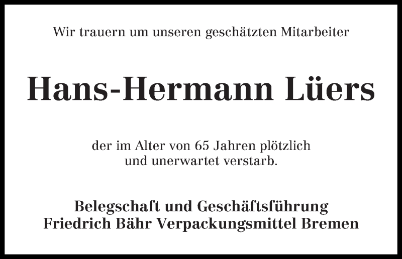 Traueranzeige von Hans-Hermann Lüers von WESER-KURIER