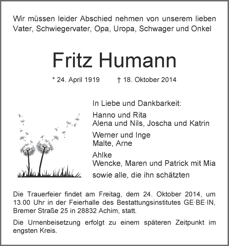 Traueranzeige von Fritz Humann von WESER-KURIER