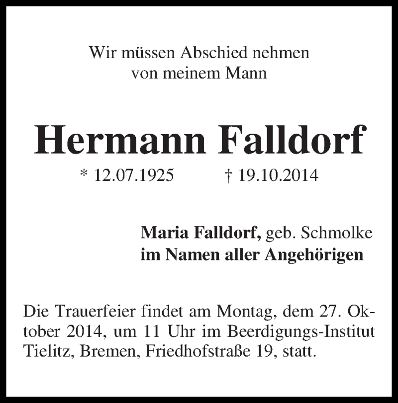 Traueranzeige von Hermann Falldorf von WESER-KURIER
