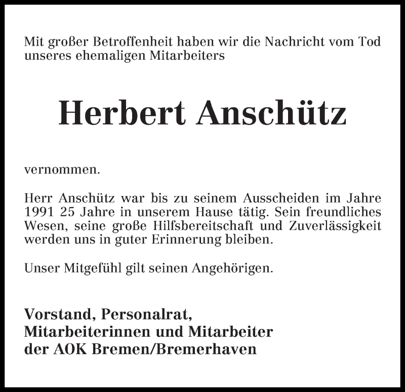 Traueranzeige von Herbert Anschütz von WESER-KURIER