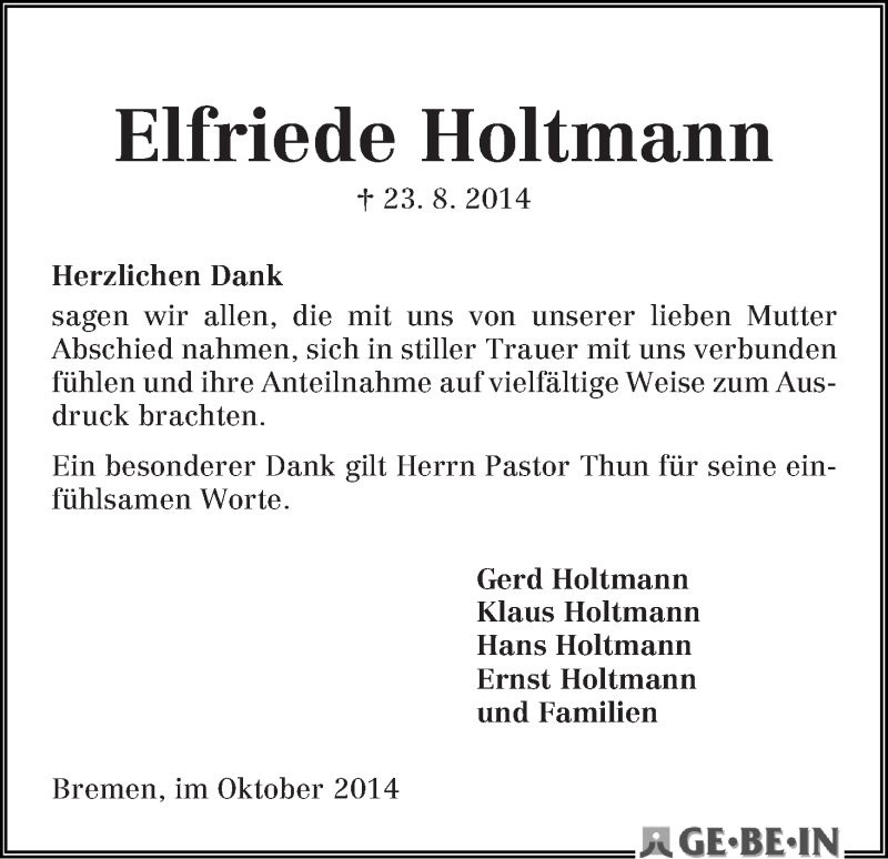 Traueranzeige von Elfriede Holtmann von WESER-KURIER