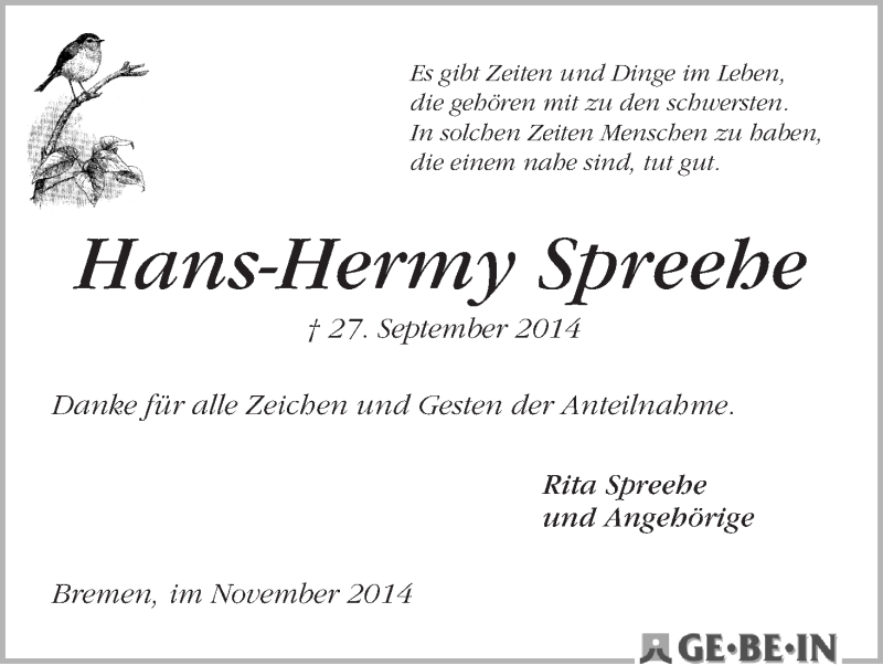 Traueranzeige von Hans-Hermy Spreehe von WESER-KURIER