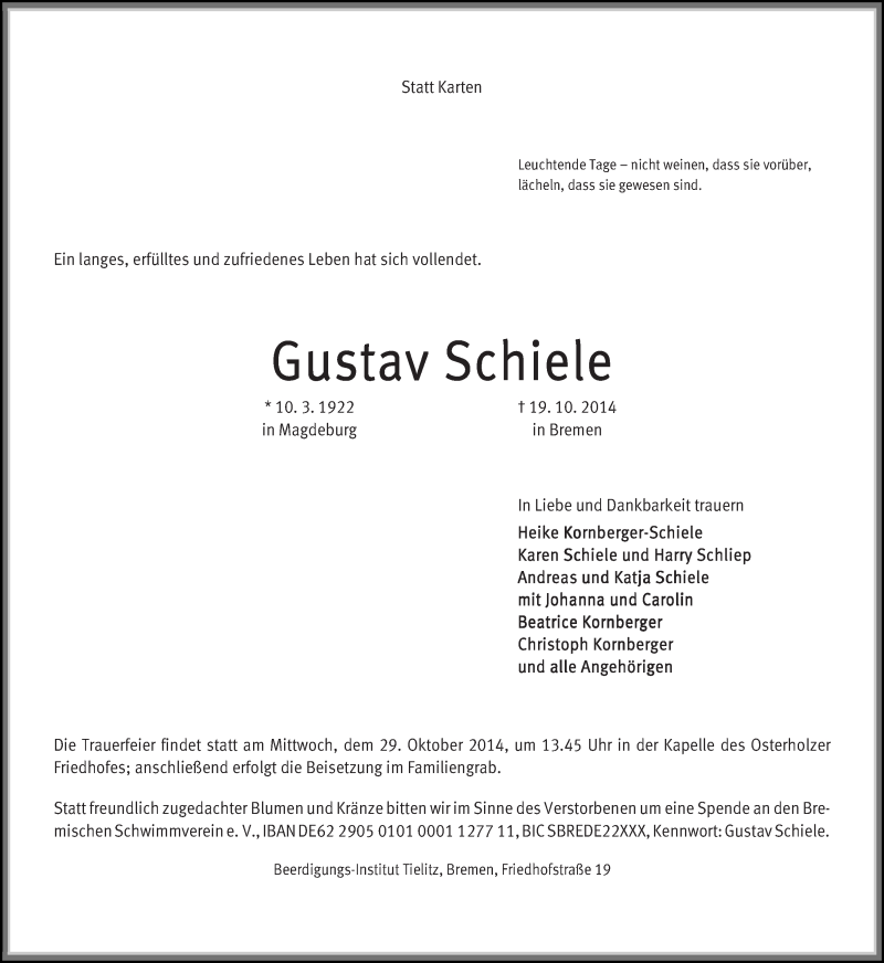 Traueranzeige von Gustav Schiele von WESER-KURIER