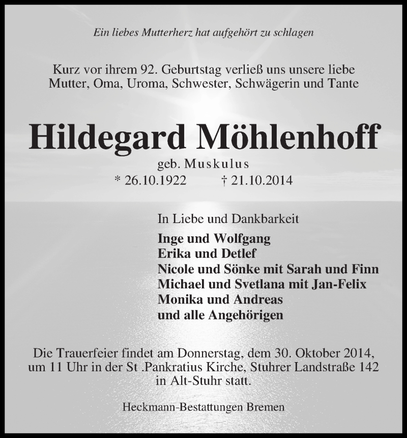 Traueranzeige von Hildegard Möhlenhoff von Regionale Rundschau/Syker Kurier