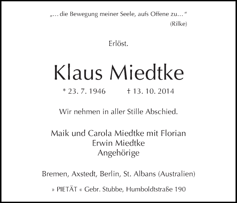 Traueranzeige von Klaus Miedtke von WESER-KURIER