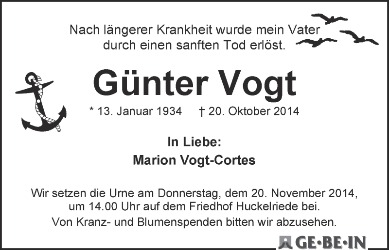 Traueranzeige von Günter Vogt von WESER-KURIER