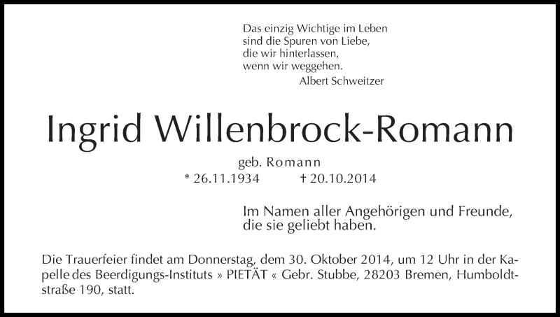 Traueranzeige von Ingrid Willenbrock-Romann von WESER-KURIER
