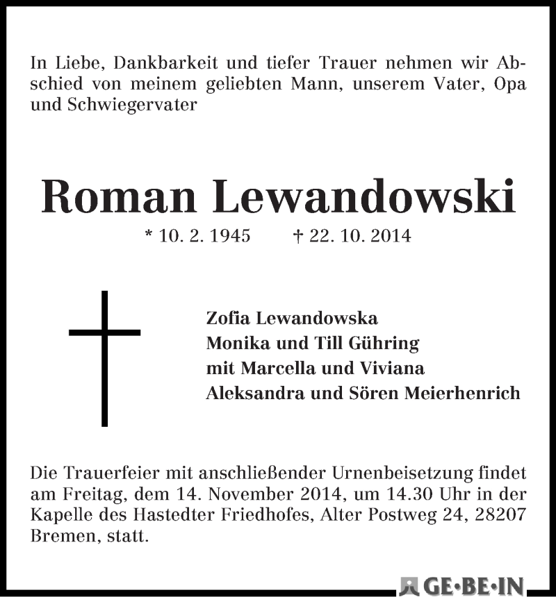 Traueranzeige von Roman Lewandowski von WESER-KURIER