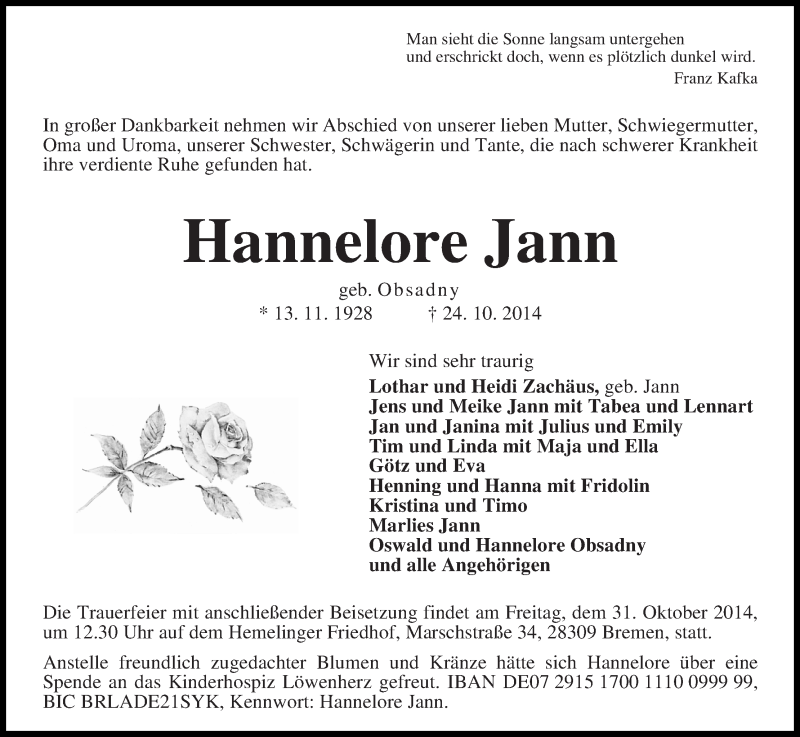 Traueranzeige von Hannelore Jann von WESER-KURIER