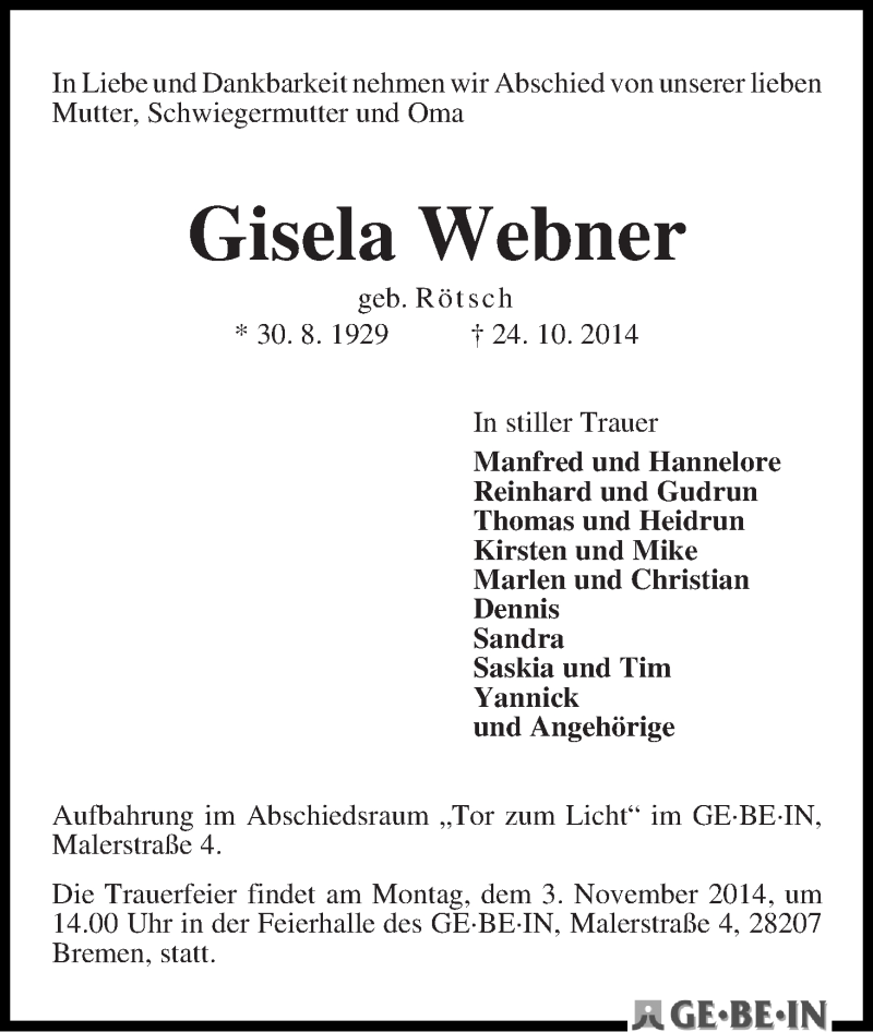 Traueranzeige von Gisela Webner von WESER-KURIER