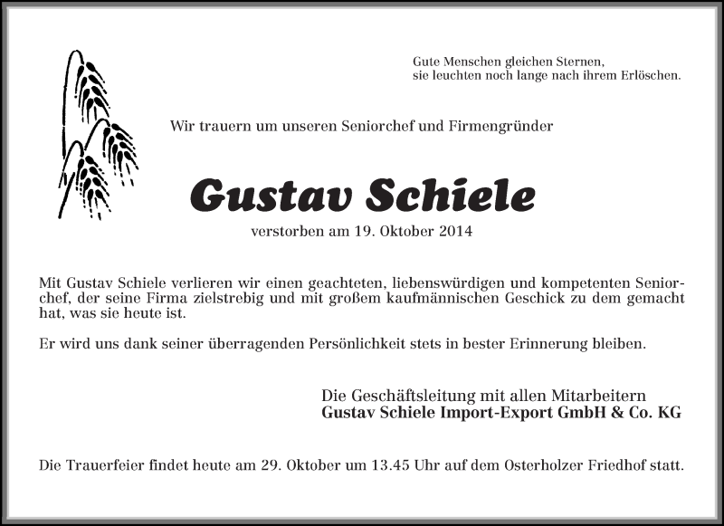 Traueranzeige von Gustav Schiele von WESER-KURIER