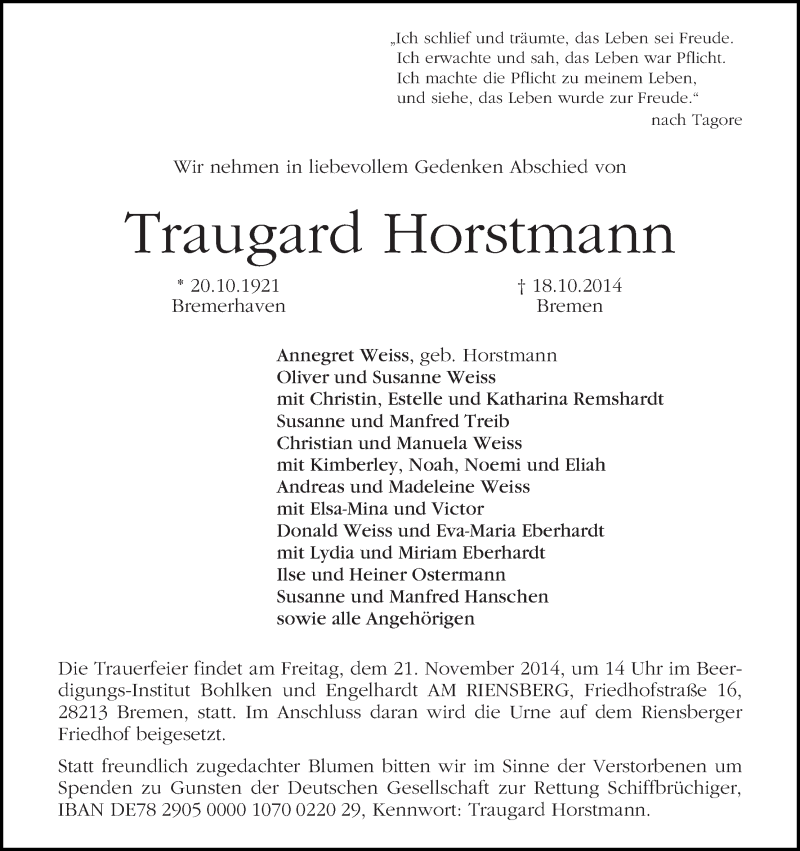 Traueranzeige von Traugard Horstmann von WESER-KURIER