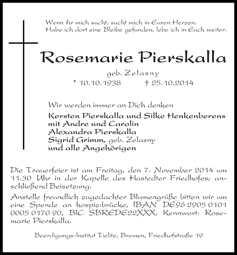 Traueranzeige von Rosemarie Pierskalla von WESER-KURIER