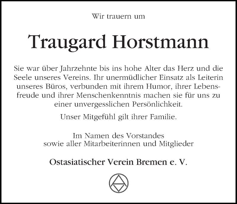 Traueranzeige von Traugard Horstmann von WESER-KURIER