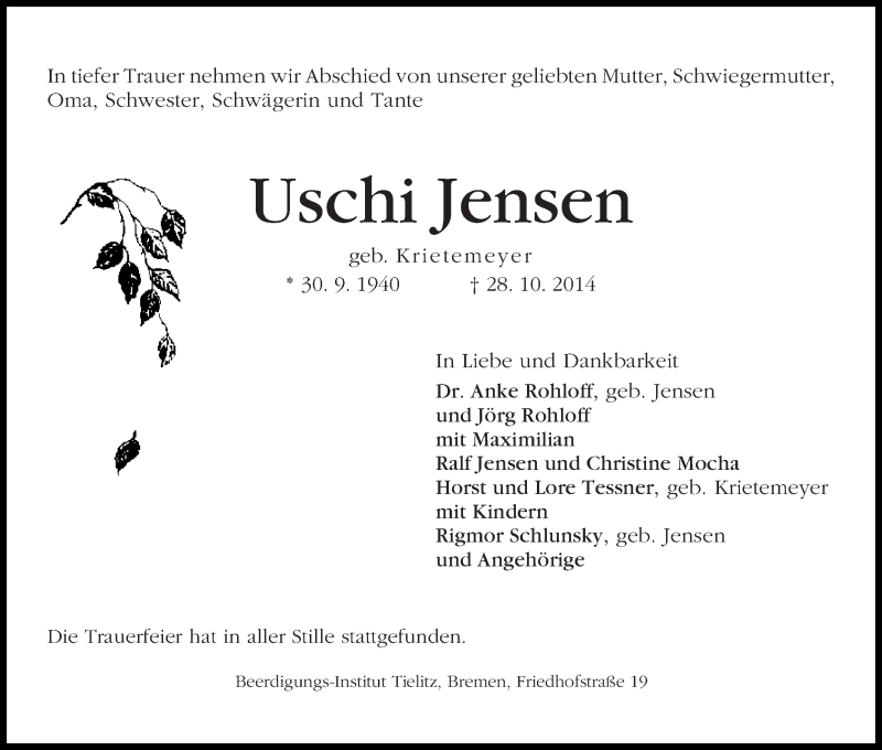 Traueranzeige von Uschi Jensen von WESER-KURIER