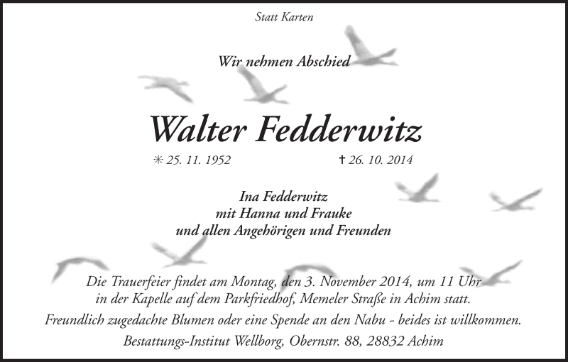 Traueranzeige von Walter Fedderwitz von WESER-KURIER