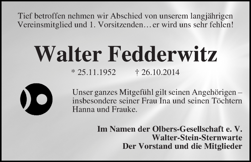 Traueranzeige von Walter Fedderwitz von WESER-KURIER