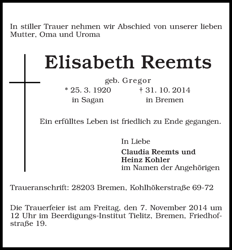 Traueranzeige von Elisabeth Reemts von WESER-KURIER