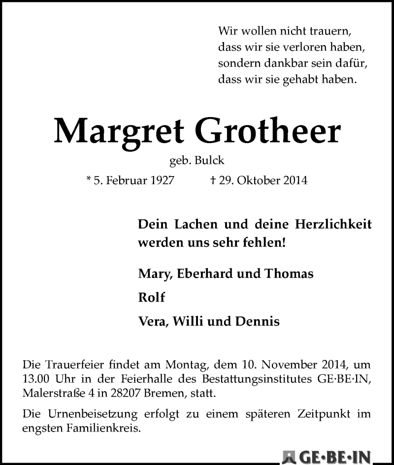Traueranzeige von Margret Grotheer von WESER-KURIER