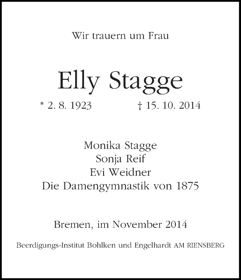 Traueranzeige von Elly Stagge von WESER-KURIER