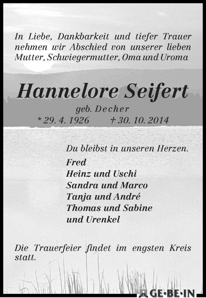 Traueranzeige von Hannelore Seifert von WESER-KURIER