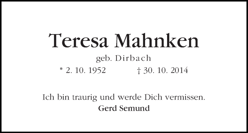 Traueranzeige von Teresa Mahnken von WESER-KURIER